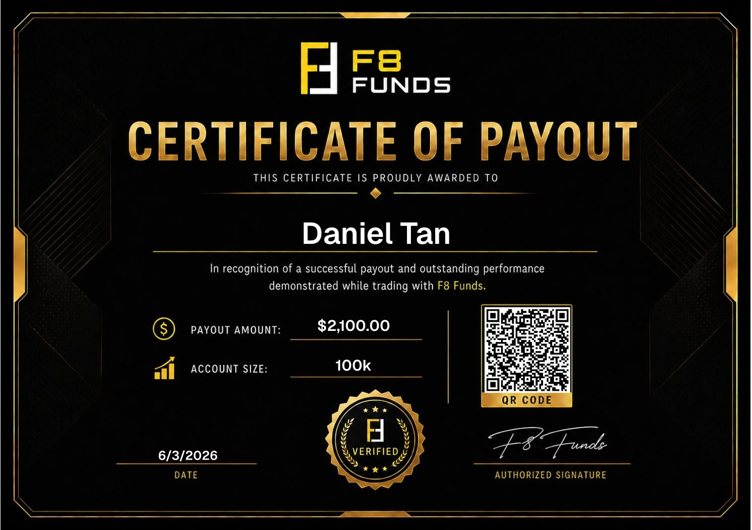 Verified F8 Funds payout certificate for Daniel Tan from Singapore