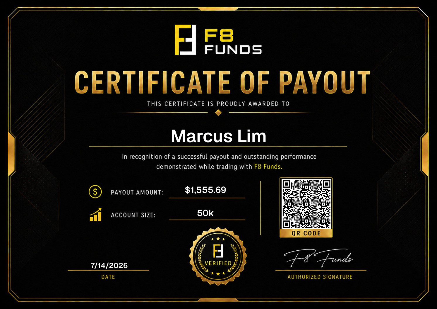Verified F8 Funds payout certificate for Marcus Lim from Singapore