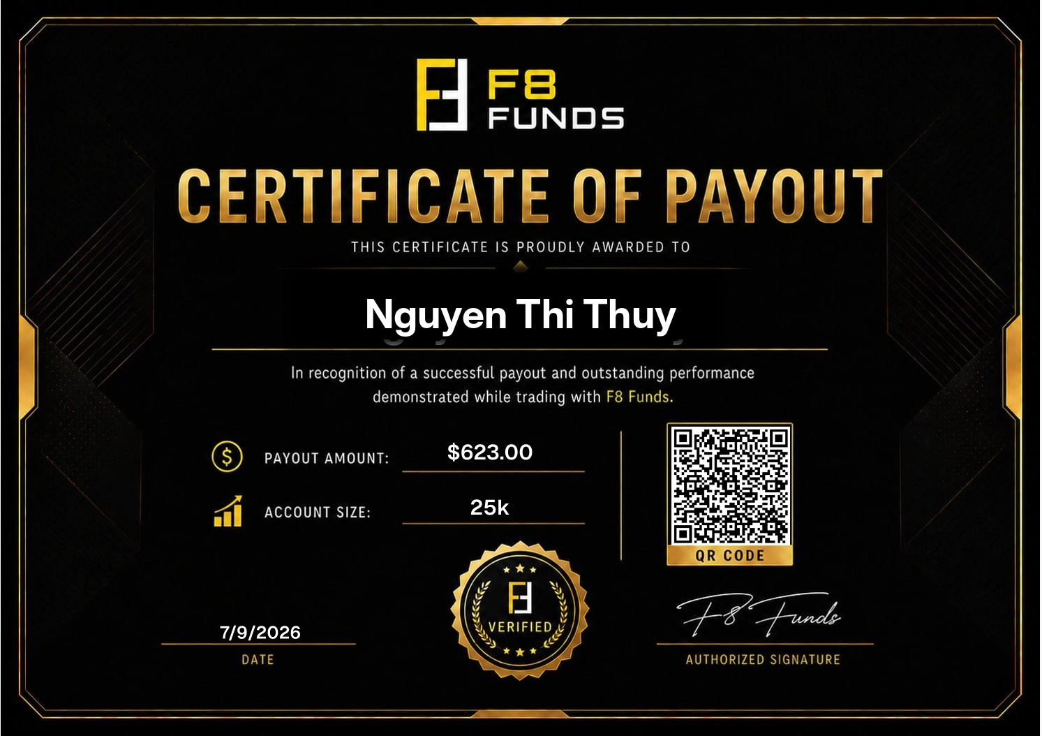 Verified F8 Funds payout certificate for Nguyen Thi Thuy from Viet Nam