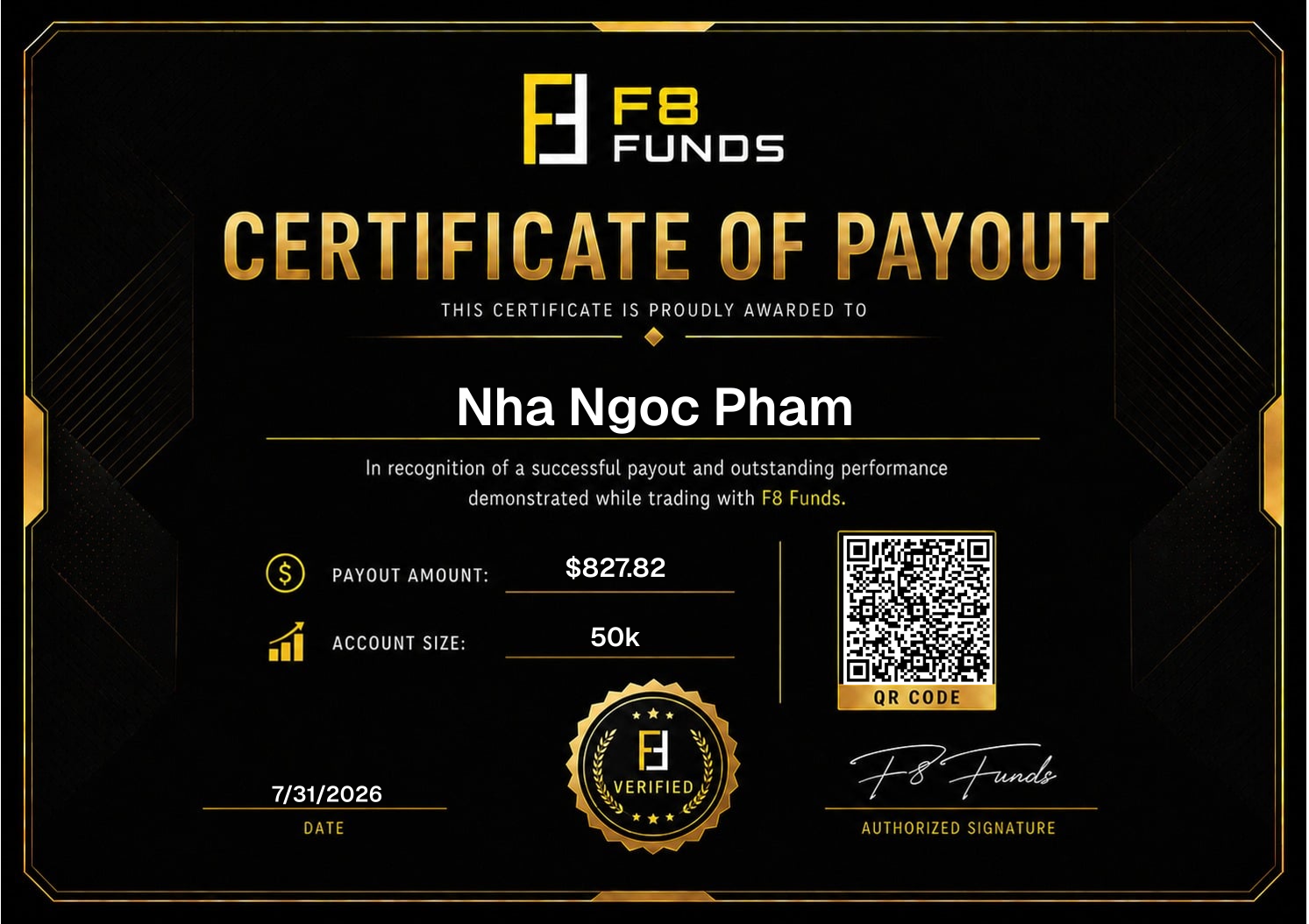 Verified F8 Funds payout certificate for Nha Ngoc Pham from Viet Nam, payout amount $827.82, account size 50K