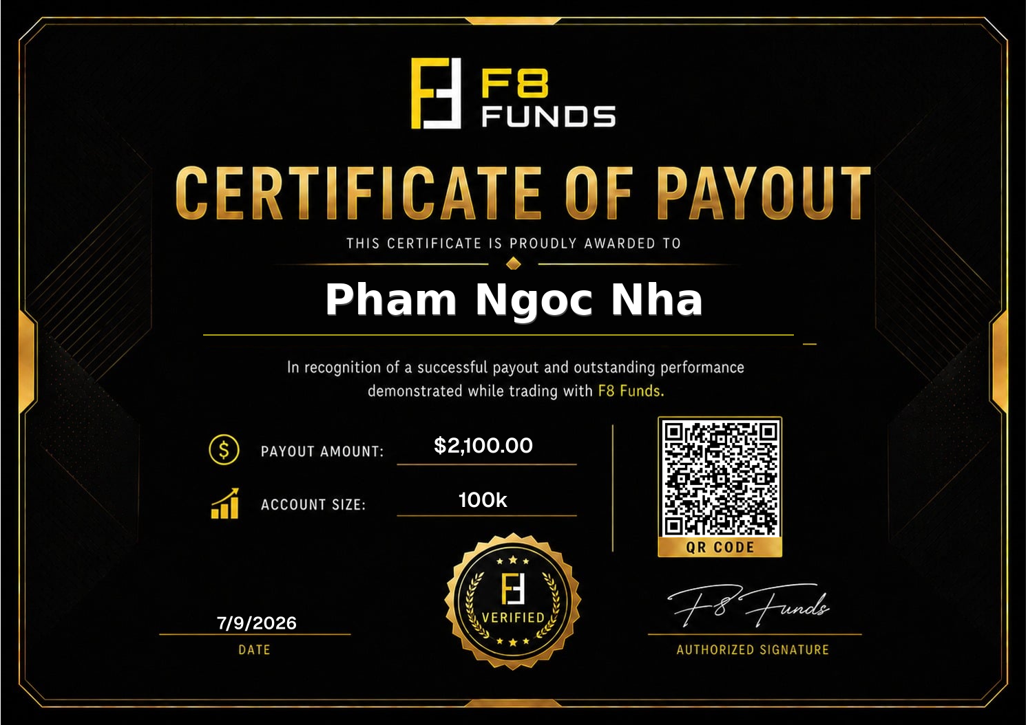 Verified F8 Funds payout certificate for Pham Ngoc Nha from Vietnam